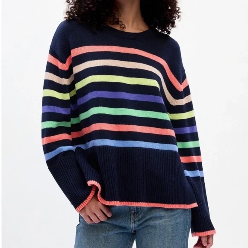 LIKE NEW GAP 100% Cotton Split-Hem Crewneck Sweater Navy and Multicolor Stripe - Picture 2 of 10
